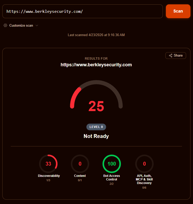 Berkley Security agent readiness score of 25 - Level 0 Not Ready