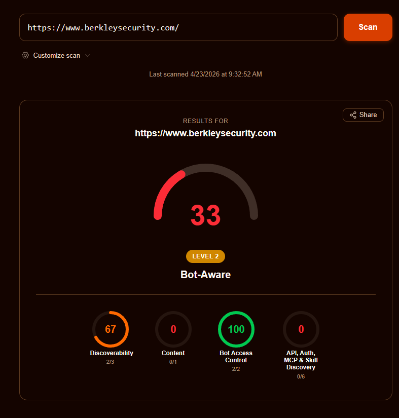 Berkley Security agent readiness score of 33 - Level 2 Bot-Aware
