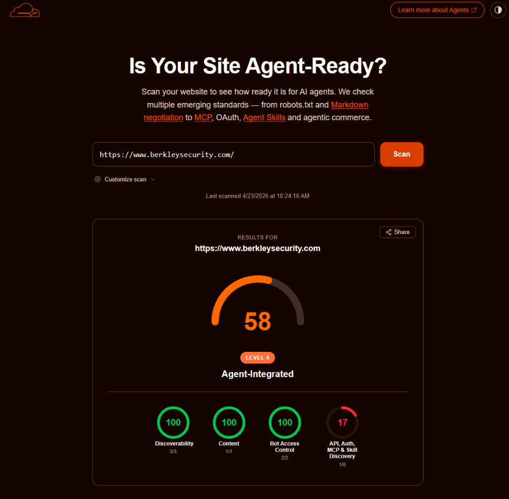 Berkley Security final agent readiness score of 58 - Level 4 Agent-Integrated