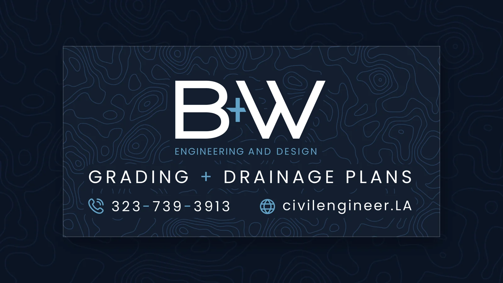 The B+W Engineering banner artwork: large logo, heavy uppercase type, phone number and website on a topographic pattern